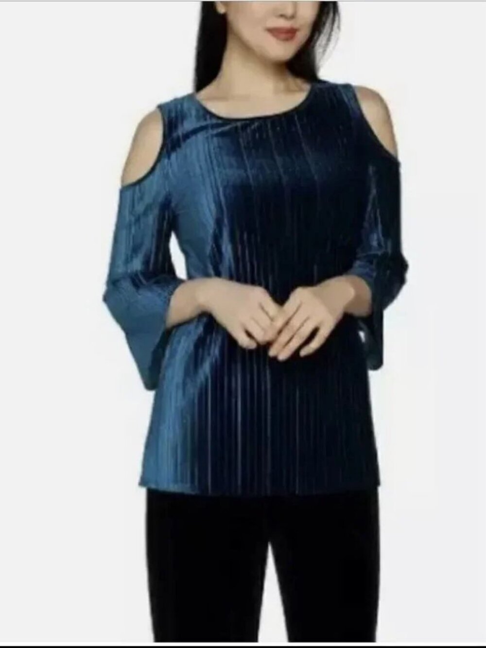 Dennis Basso Pleated Stretch Velvet Cold Shoulder